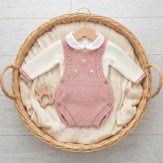 Conjunto de primera puesta para bebé con ranita rosa empolvado y jersey crudo Glory Bebé 29107 Lana 100% acrílica