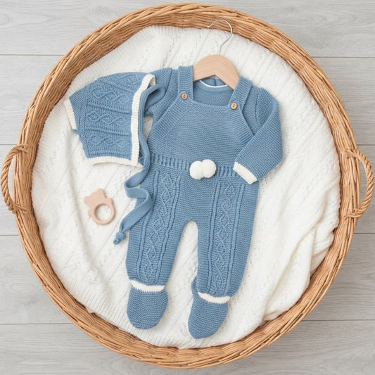 Conjunto de punto para bebé en color azafata con peto y capota Glory 29108  Fabricado en España