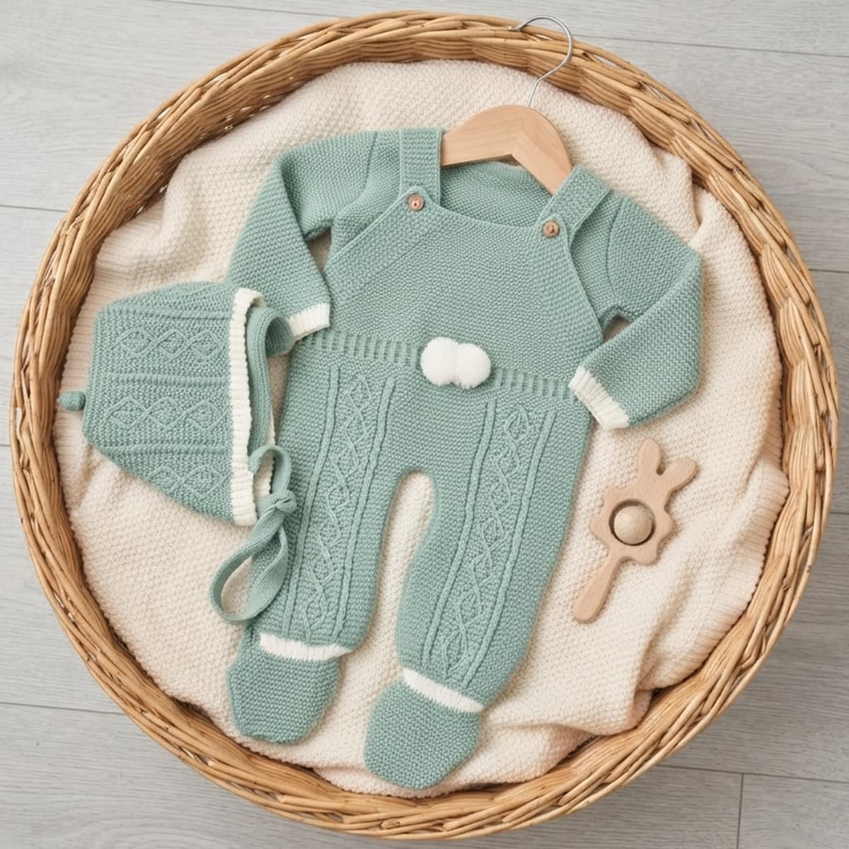 Conjunto de lã Glory Baby – Azul Claro com Pompons 27109 (0 a 6 meses) 