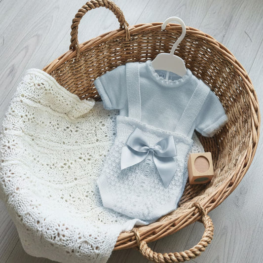 Conjunto bebé de punto perlé azul con lazo MyBabyChic 3104 – Clásico y elegante para los primeros meses (0 a 6 meses)