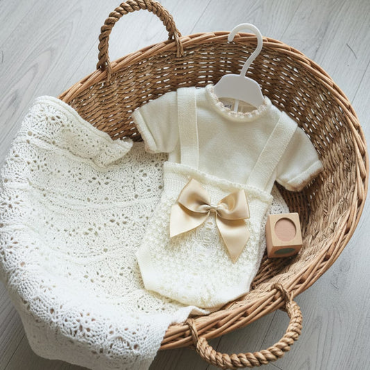 Conjunto bebé de punto perlé beige con lazo MyBabyChic 3104 – Clásico, suave y fácil de combinar (0 a 6 meses)
