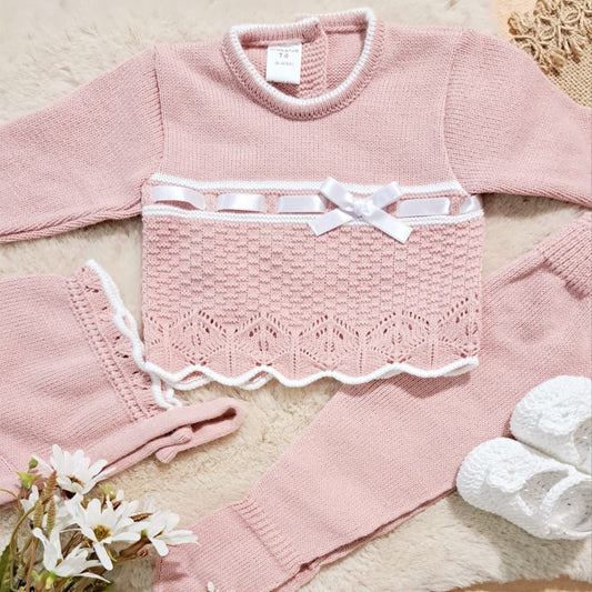 Conjunto bebé primera puesta de lana 3311 Maquillaje Casita de Pepito cinta lacito