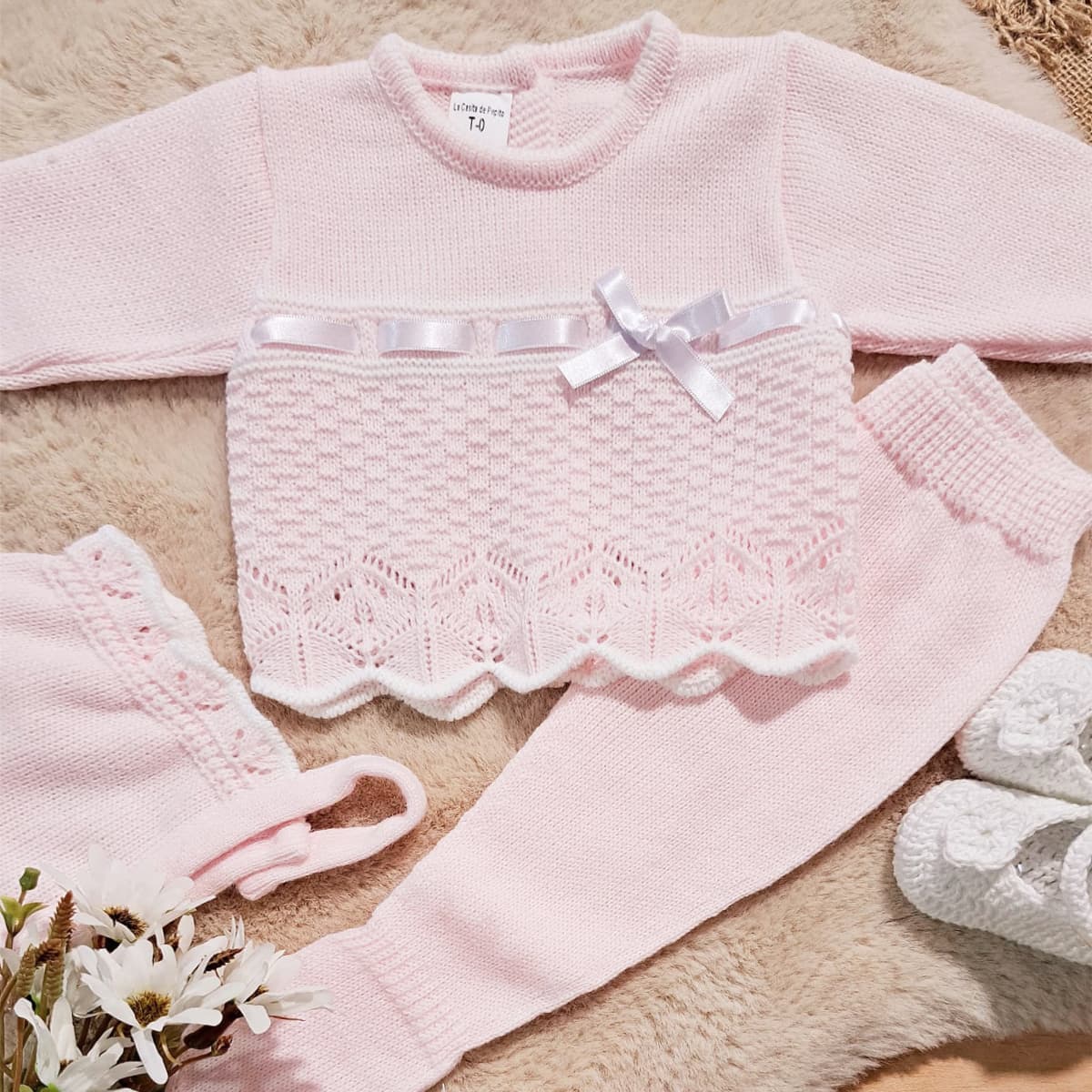 Conjunto bebé primera puesta de lana 3311 Rosa Casita de Pepito cinta lacito