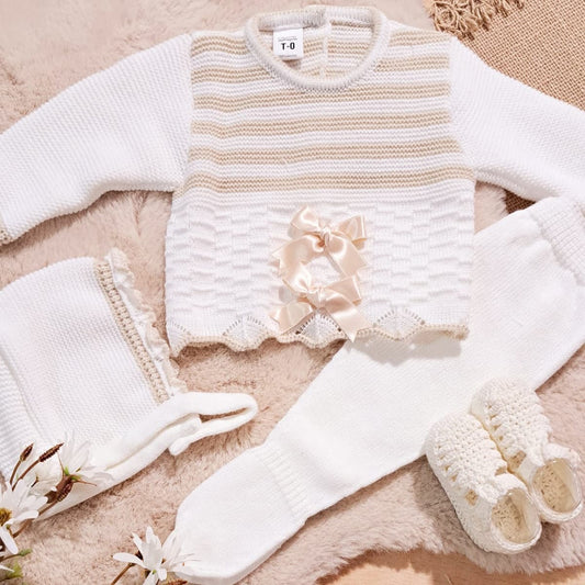 Conjunto de lã para bebé de 3 peças, riscas brancas e bege, 3315 La Casita de Pepito (0 a 3 meses)