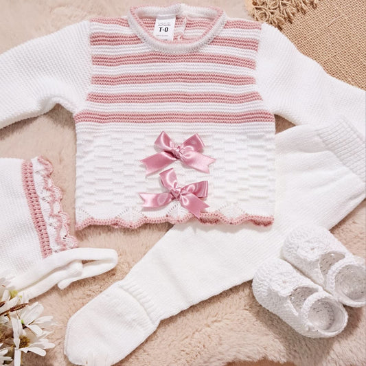 Conjunto de lã de 3 peças com maquilhagem branca e às riscas 3315 La Casita de Pepito (0 a 3 meses)
