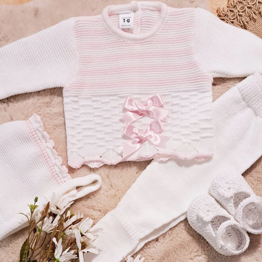 Conjunto de lã de 3 peças para bebé, branco e rosa, 3315 La Casita de Pepito (0 a 3 meses)