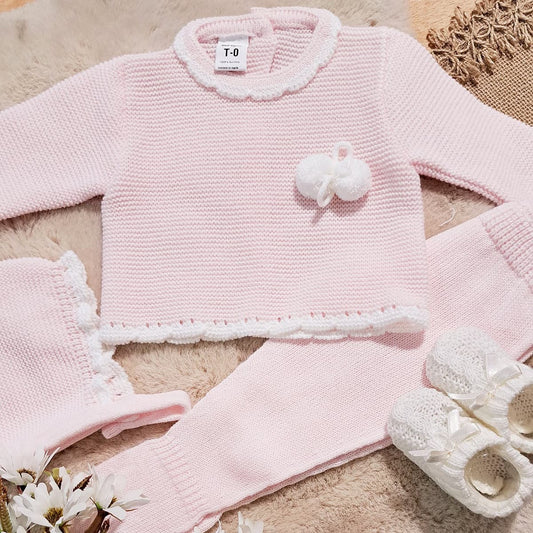 Conjunto de lana 3 piezas bebé rosa borlas La Casita de Pepito 3318  (0 a 3 meses)