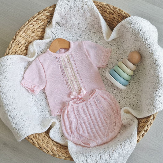 Conjunto bebé punto perlé rosa con cubrepañal LA CASITA DE PEPITO 3414C – Clásico, suave y perfecto para primera puesta