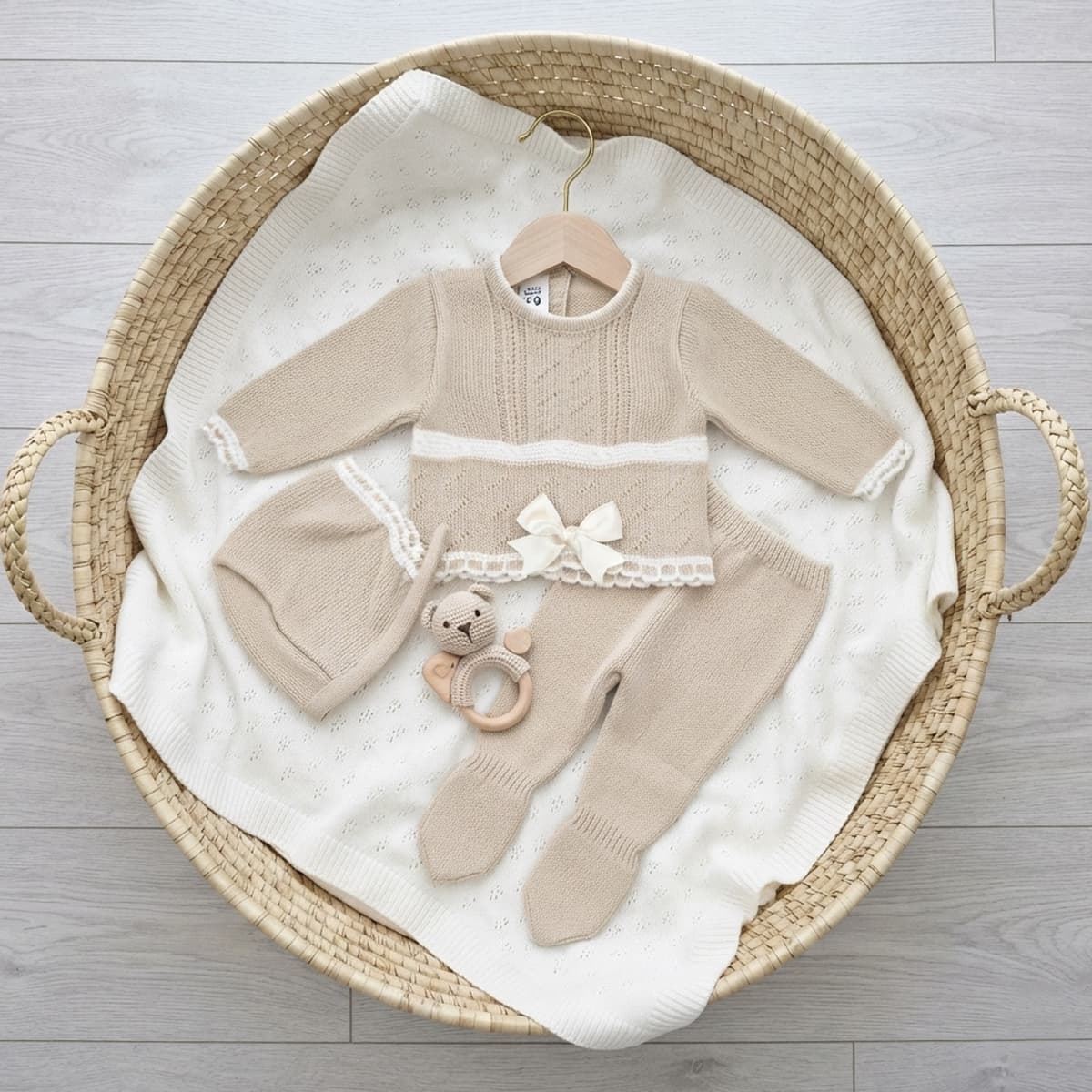 Conjunto de punto arena de tres piezas con polaina y capota La Casita de Pepito (Ref. 3516)