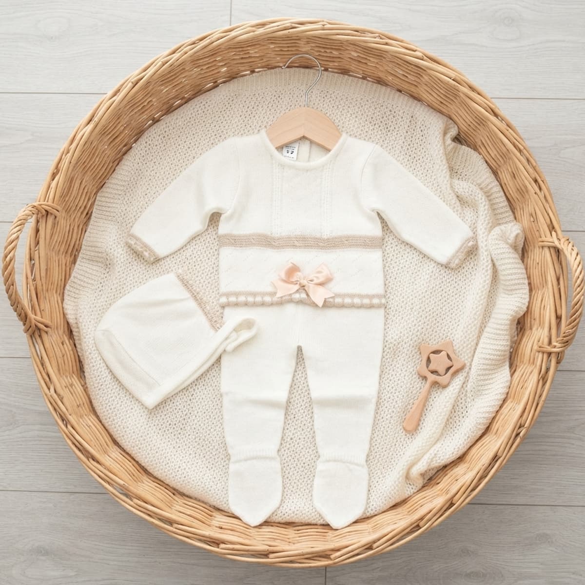 Conjunto de punto crudo de tres piezas con polaina y capota La Casita de Pepito (Ref. 3516)