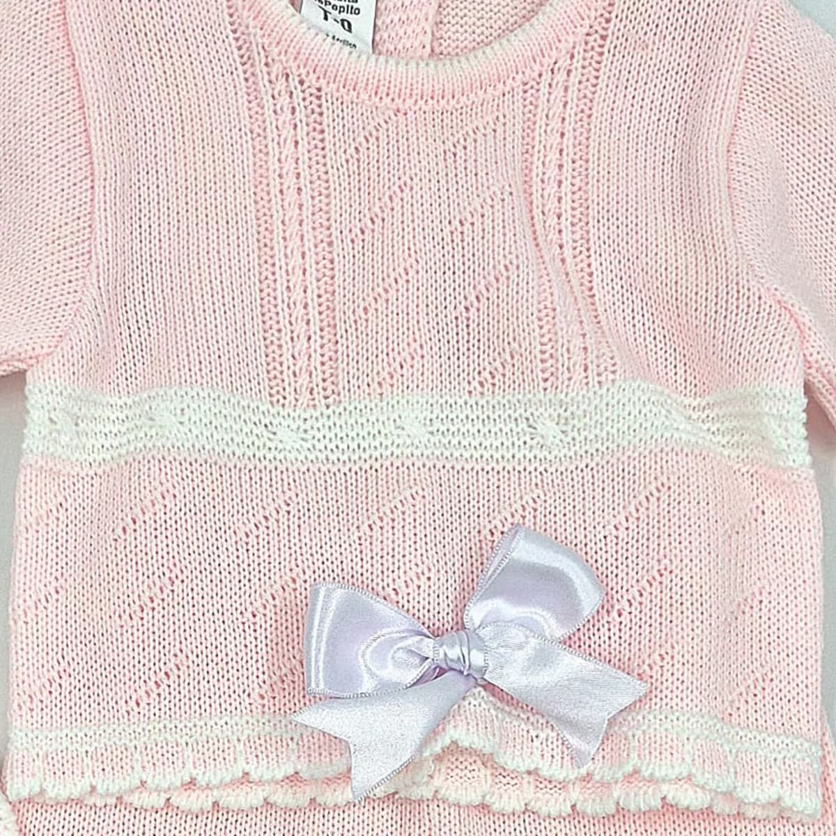 Conjunto de punto rosa de tres piezas con polaina y capota La Casita de Pepito (Ref. 3516)