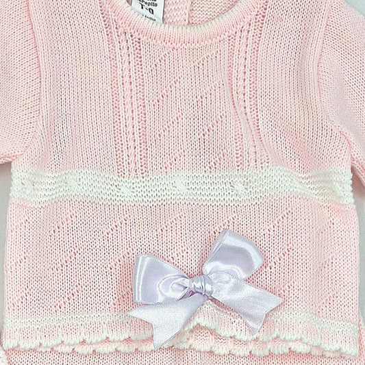 Conjunto de punto rosa de tres piezas con polaina y capota La Casita de Pepito (Ref. 3516)