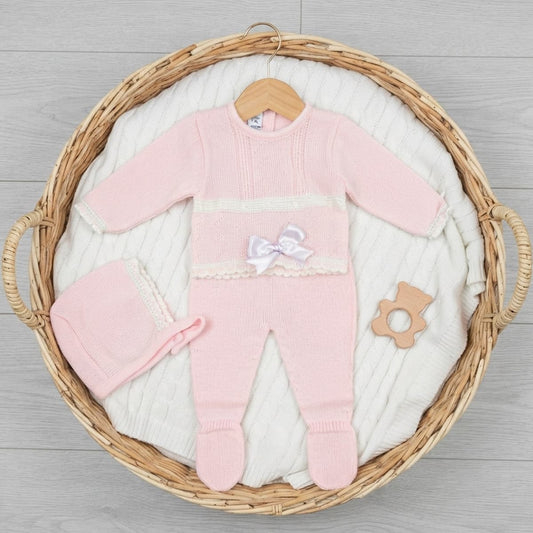 Conjunto de punto rosa de tres piezas con polaina y capota La Casita de Pepito (Ref. 3516)