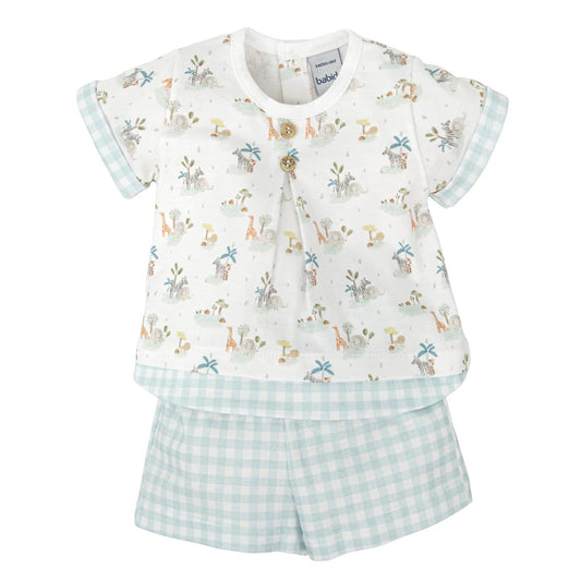 Conjunto de bebé niño de verano BABIDÚ con estampado de animales y pantalón vichy AVENTURA 621040222