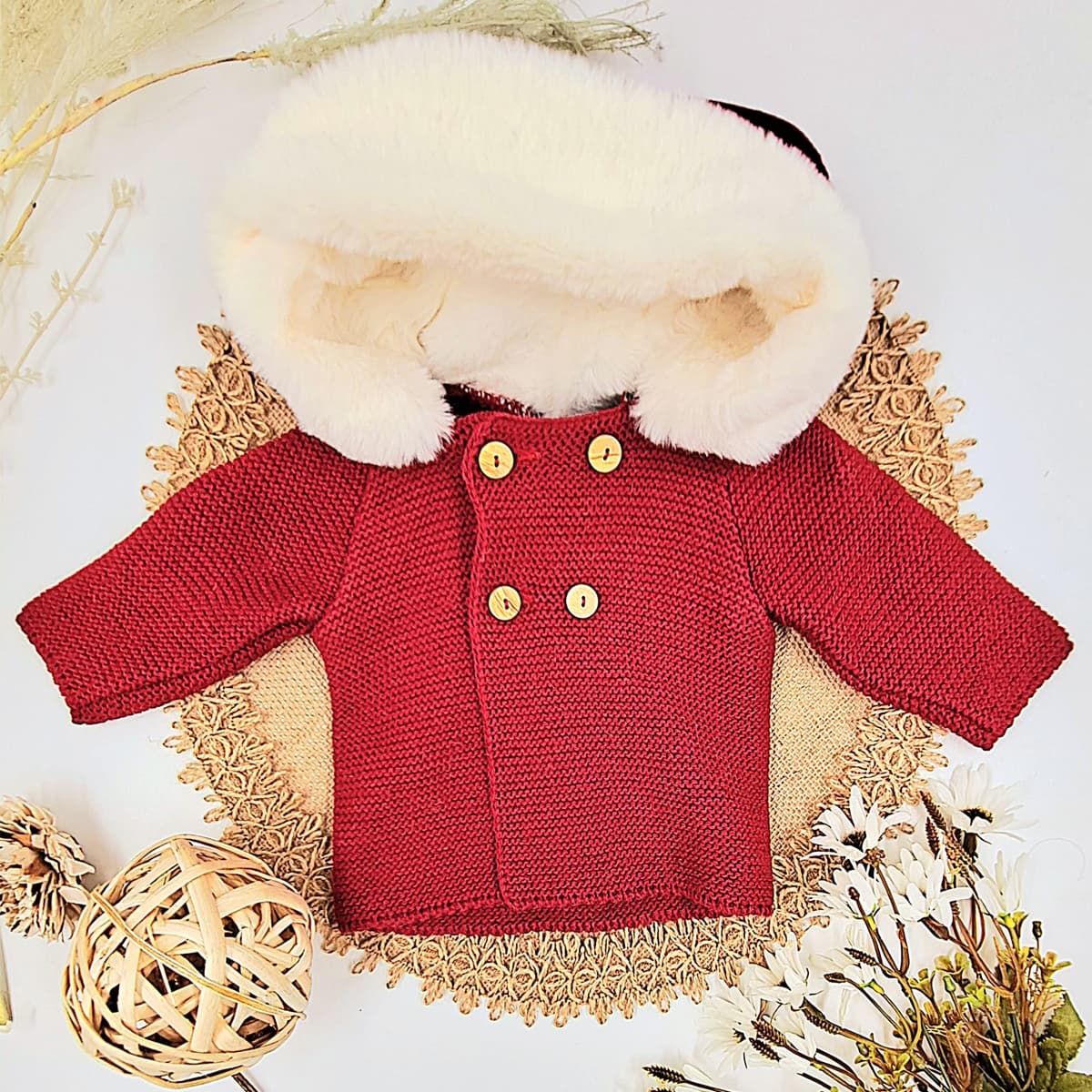 Abrigo de punto para bebé con capucha Color granate