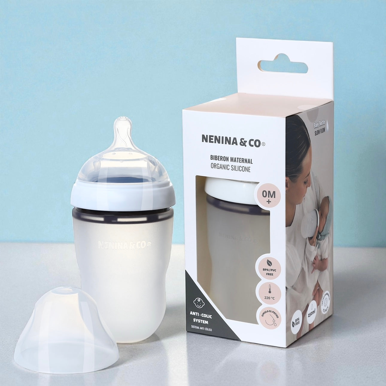 Pack Biberon Blanco flujo lento + Chupete Clásico Oliva Nenina & Co