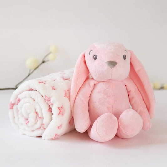 Peluche conejo rosa con manta de estrellas KIOKIDS 5846 – Dulzura, suavidad y compañía para el bebé