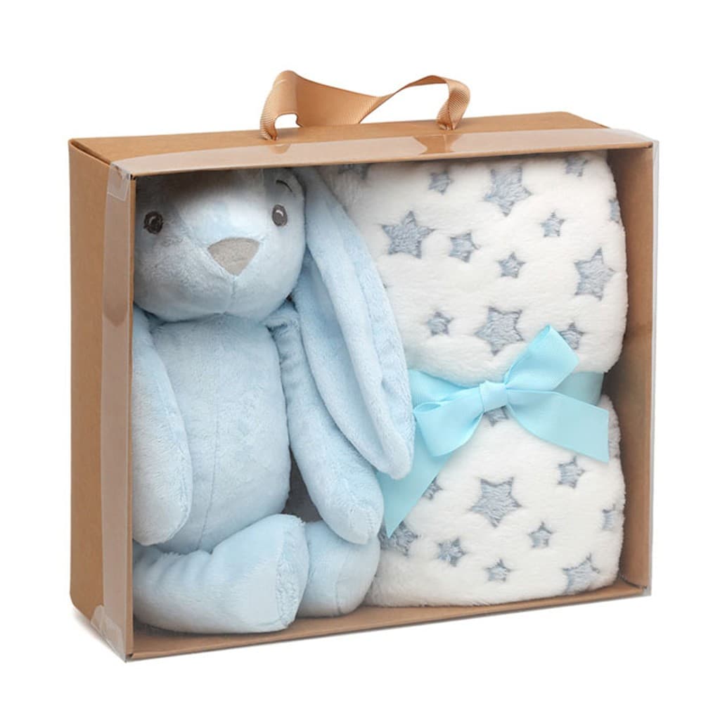 Peluche conejo celeste con manta de estrellas KIOKIDS 5853 – Dulzura, suavidad y compañía para el bebé