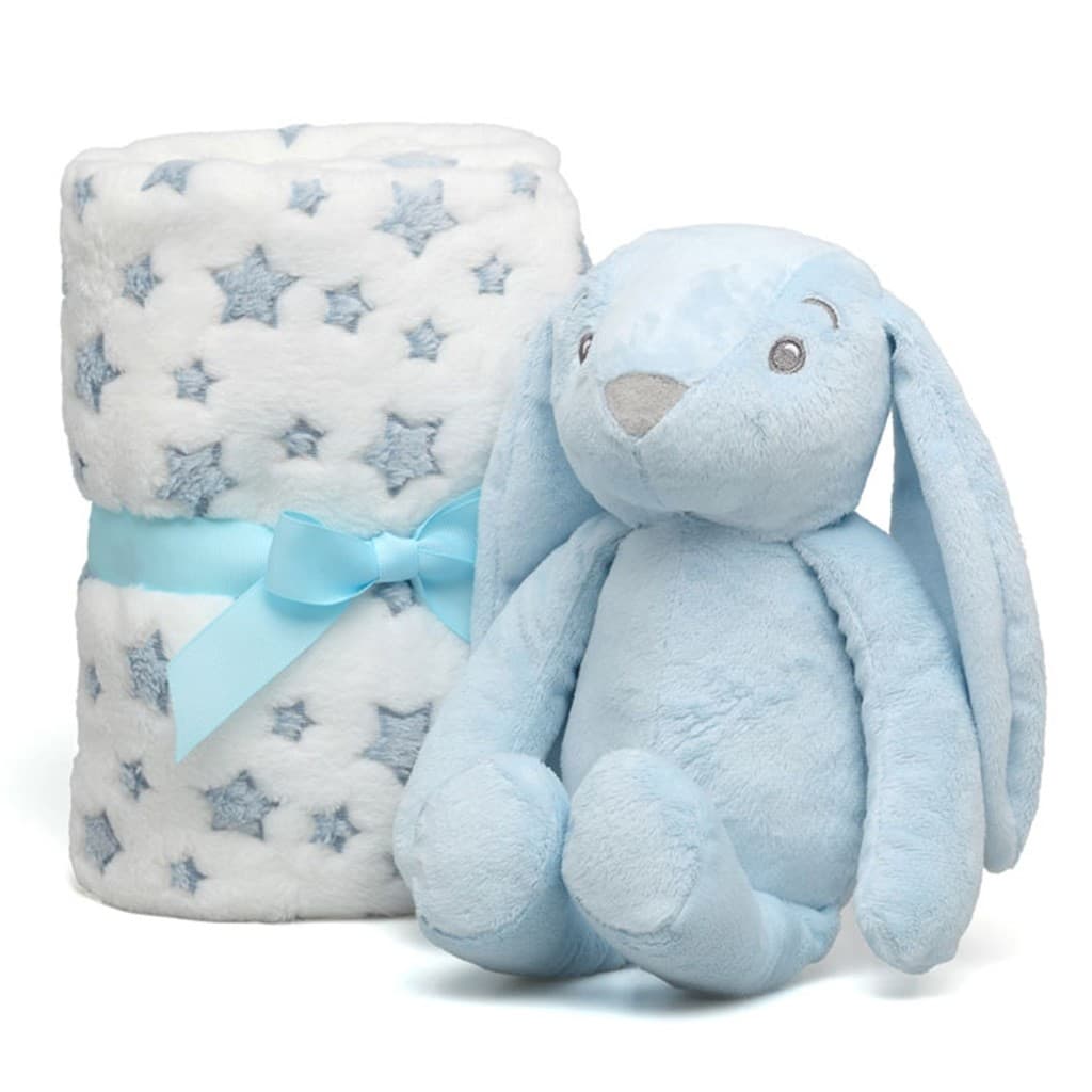 Peluche conejo celeste con manta de estrellas KIOKIDS 5853 – Dulzura, suavidad y compañía para el bebé