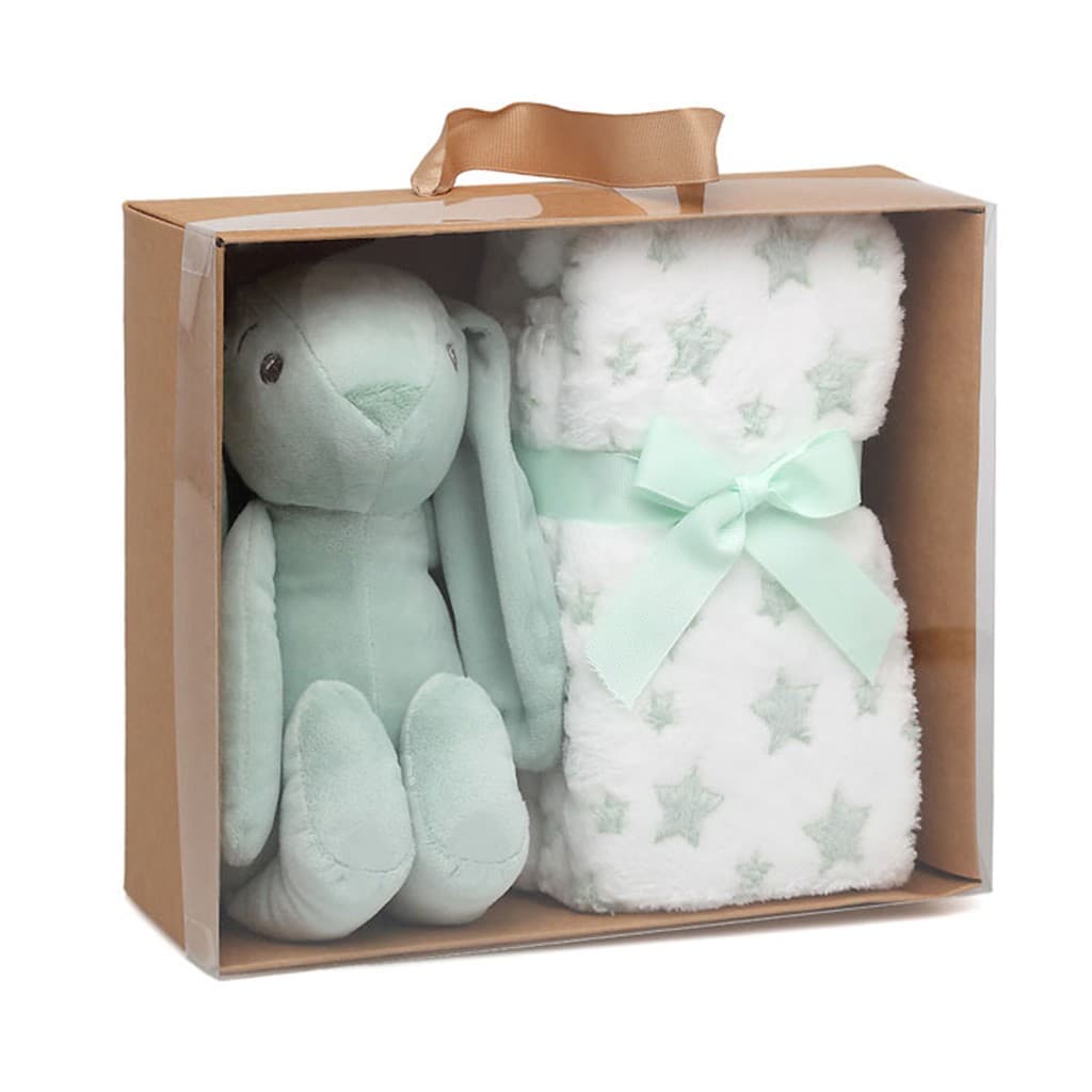 Peluche conejo verde con manta de estrellas KIOKIDS 6045 – Dulzura, suavidad y compañía para el bebé