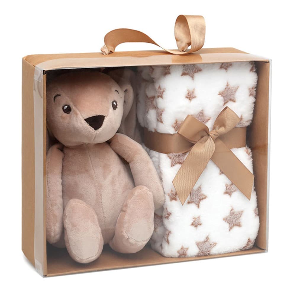 Peluche conejo marrón con manta de estrellas KIOKIDS 6048 – Dulzura, suavidad y compañía para el bebé
