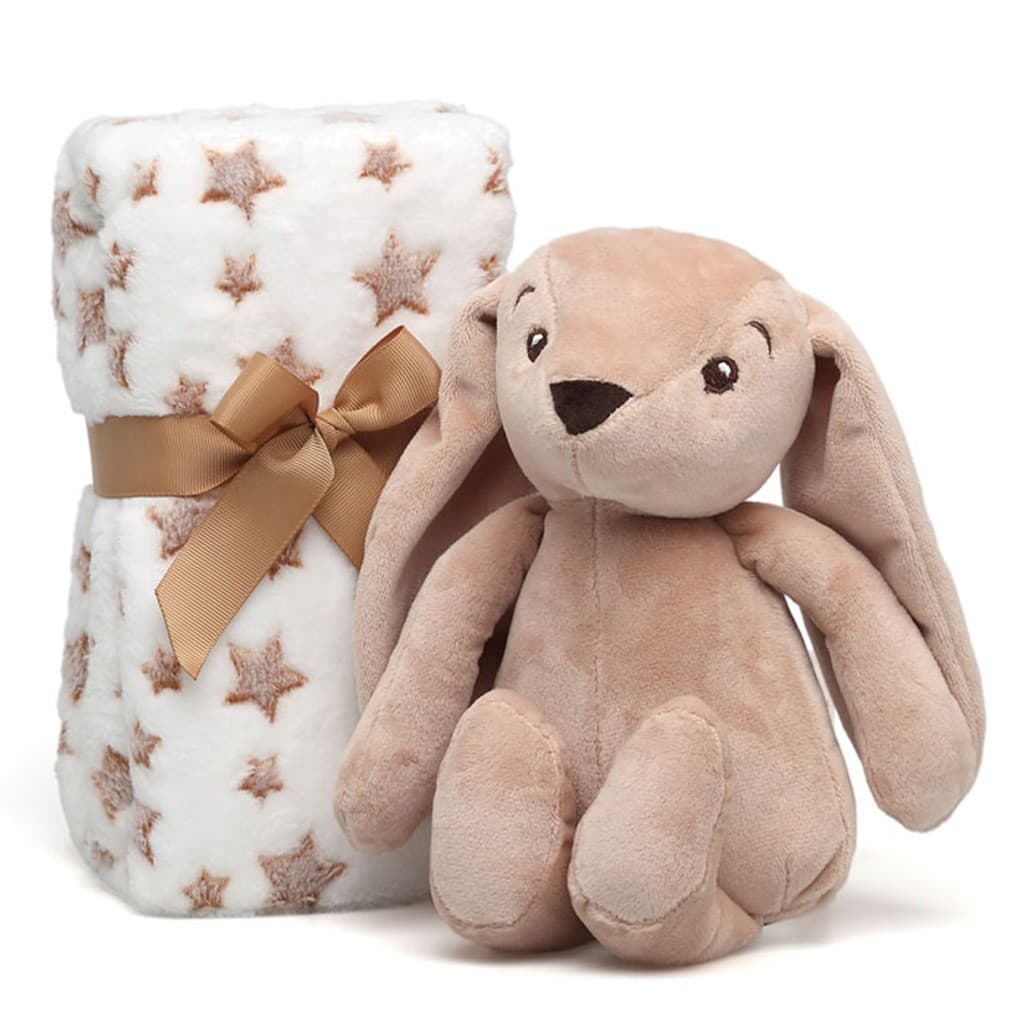 Peluche conejo marrón con manta de estrellas KIOKIDS 6048 – Dulzura, suavidad y compañía para el bebé