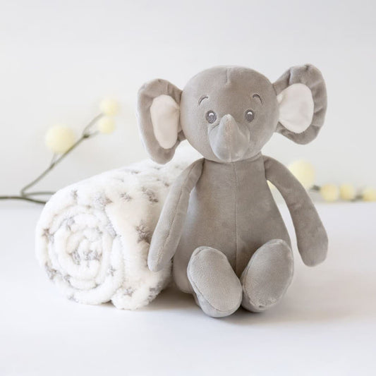 Peluche elefante gris con manta de estrellas KIOKIDS 6053 – Un dúo suave y adorable para acompañar al bebé