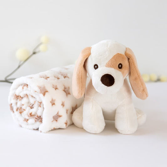 Peluche perrito blanco con manta de estrellas KIOKIDS 6055 – Un set dulce, suave y perfecto para regalar al bebé