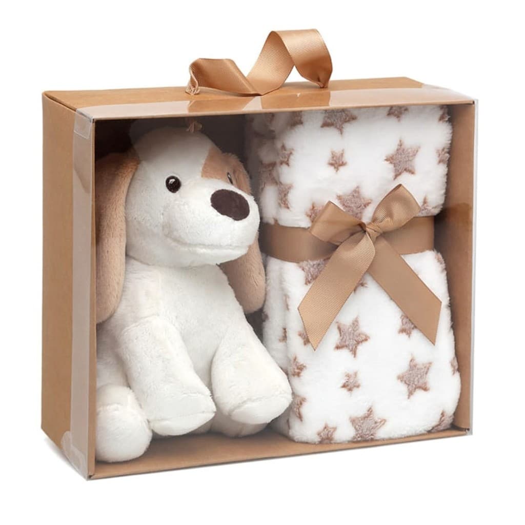 Peluche perrito blanco con manta de estrellas KIOKIDS 6055 – Un set dulce, suave y perfecto para regalar al bebé