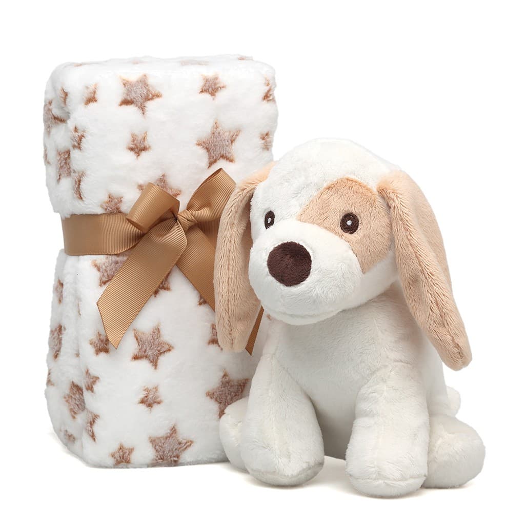 Peluche perrito blanco con manta de estrellas KIOKIDS 6055 – Un set dulce, suave y perfecto para regalar al bebé