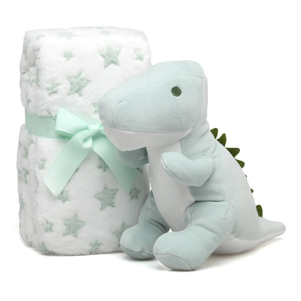 Peluche mini dino verde con manta de estrellas KIOKIDS 6060 – Un compañero lleno de fantasía para los primeros momentos del bebé