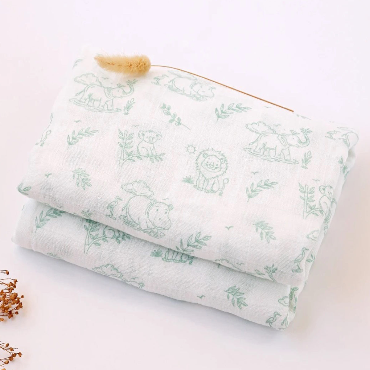 Muselina para bebé de bambú y algodón estampada safari verde (120x120 cm) Kiokids 6423 - Certificado OEKO-TEX