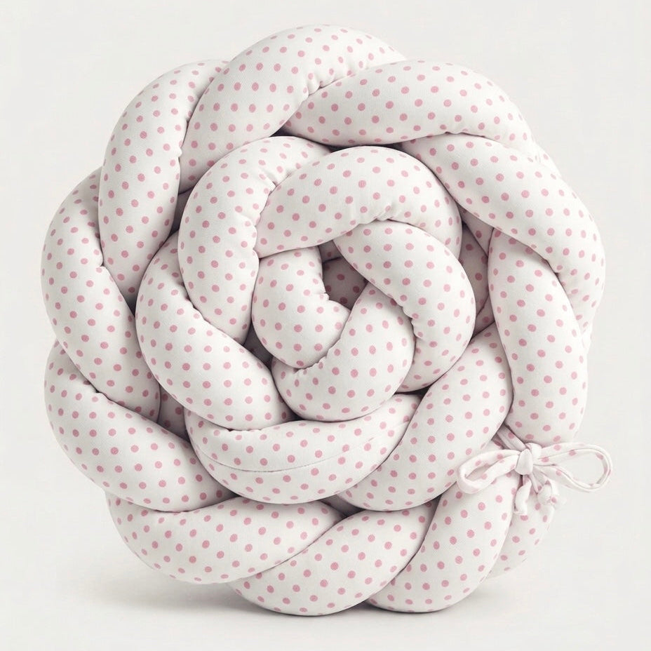 Trenza Protectora de Cuna y Cama Artesanal - Blanco Lunar Rosa