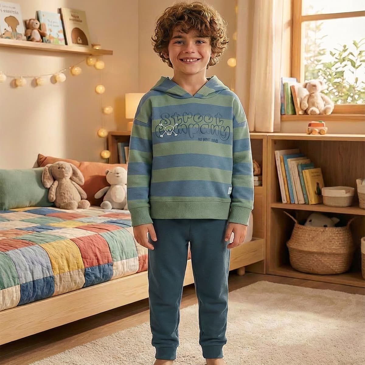 Conjunto infantil de dos piezas de sudadera a rayas con capucha y pantalón Waterlemon 8400