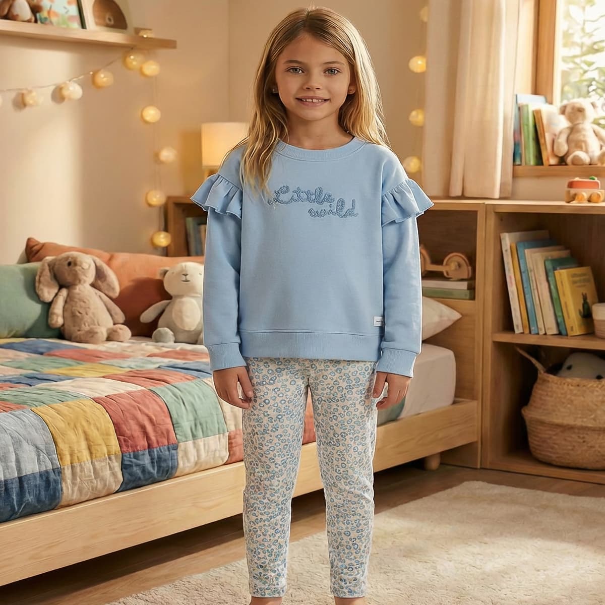 Conjunto infantil de dos piezas para niña de sudadera con volantes y leggings estampados Waterlemon 8416