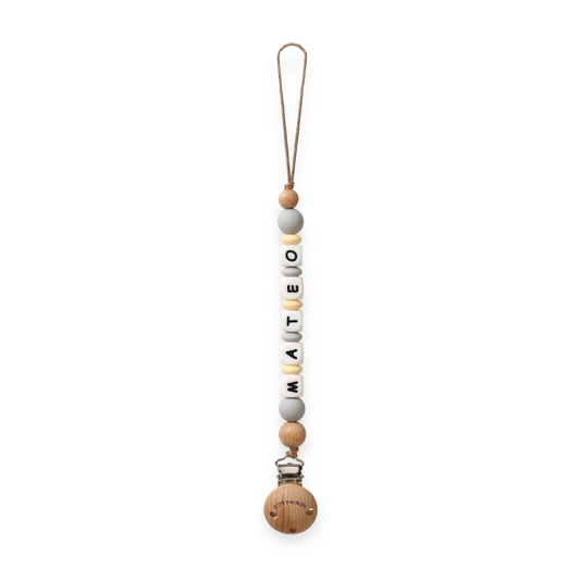 Chupetero Personalizado Gris con Nombre en Silicona Orgánica | Nenina & Co.