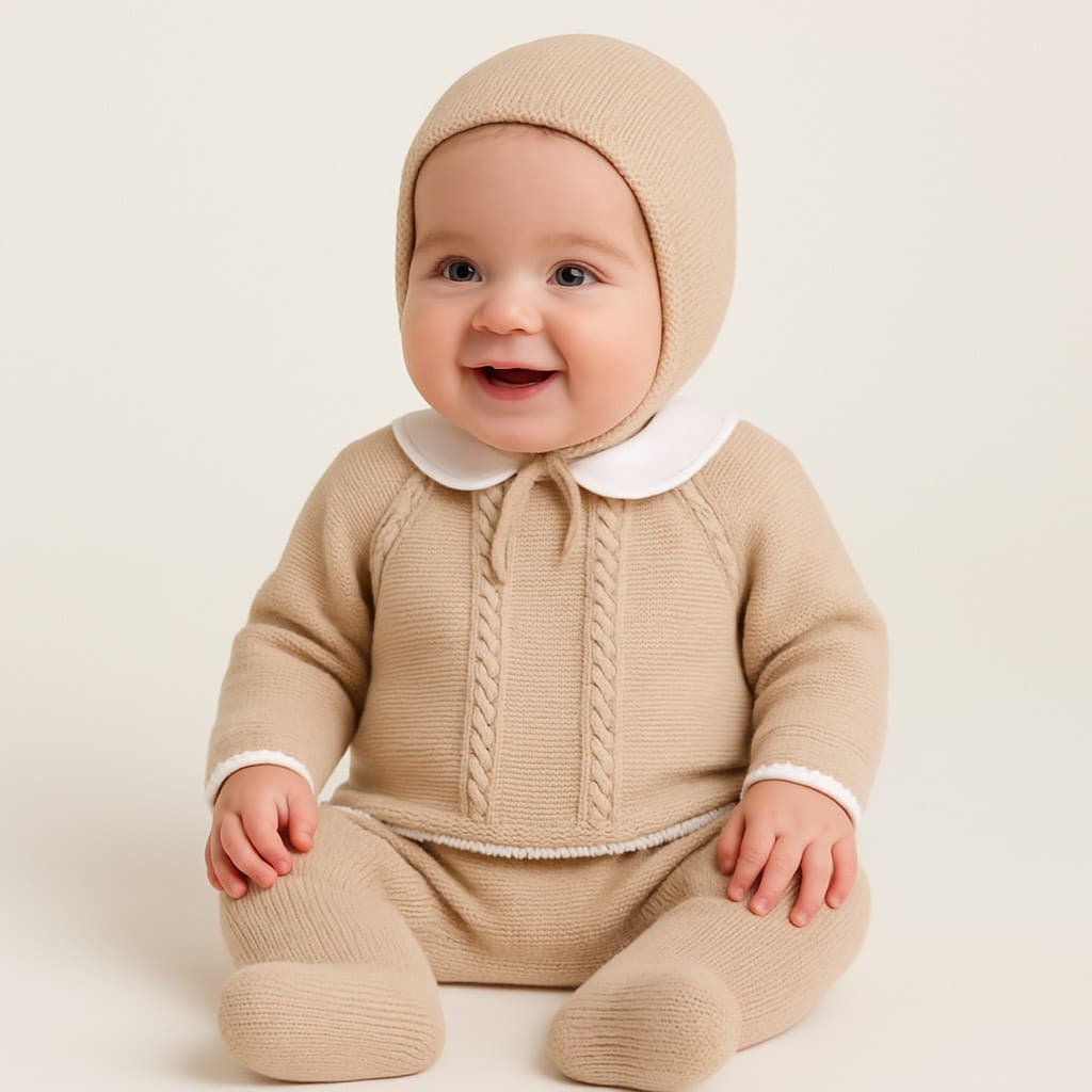 Conjunto de 3 peças de malha para bebé com gorro de pompom cru Pelottas 9006 Leggings, camisola e gorro 