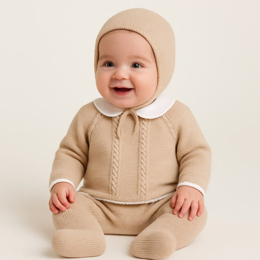 Conjunto de punto bebé 3 piezas con gorro cuelo bebé arena Pelottas 9005 Polaina, jersey y gorrito