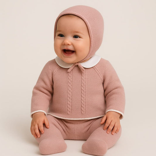 Ensemble tricot bébé 3 pièces avec bonnet pompon écru Pelottas 9006 Leggings, pull et bonnet 
