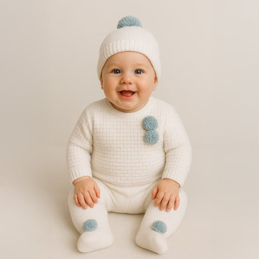Conjunto de punto bebé 3 piezas con gorro crudo Pelottas 9006 Polaina, jersey y gorrito