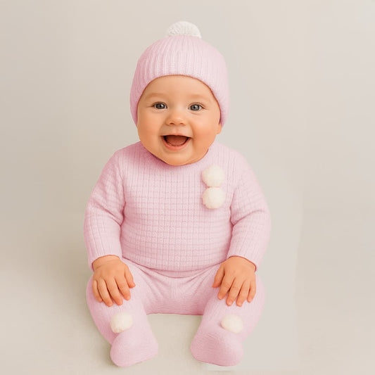 Conjunto de punto bebé 3 piezas con gorro rosa crudo Pelottas 9006 Polaina, jersey y gorrito