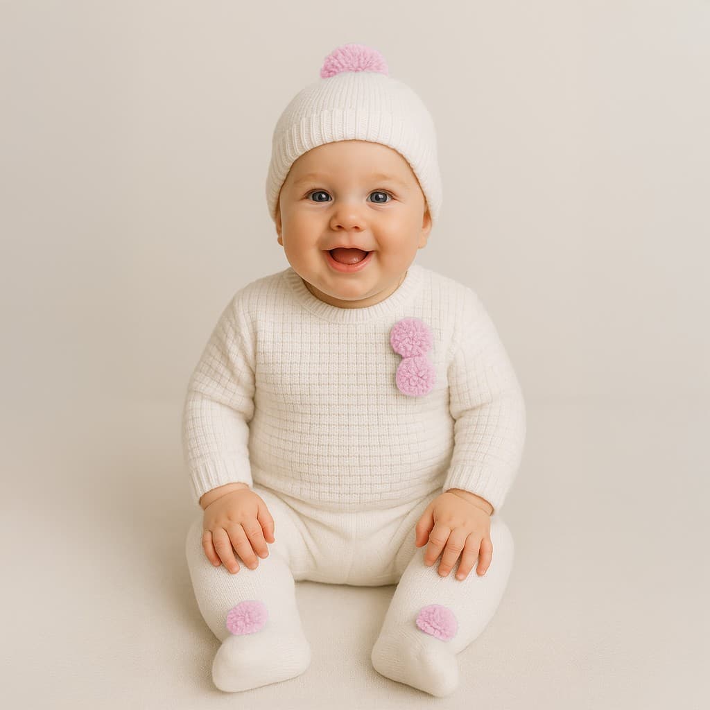 Conjunto de punto bebé 3 piezas con gorro pompom crudo rosa Pelottas 9006 Polaina, jersey y gorrito