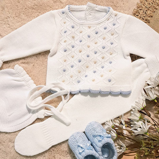 Conjunto de Lana para Bebé Blanco y Azul Brisa Delicadeza y confort artesanal Felicia 9702