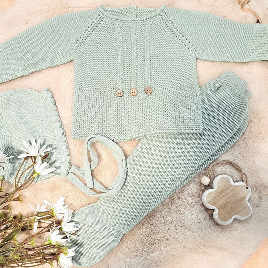 Ensemble bébé en laine Glory – Bleu clair à pompons 27109 (0 à 6 mois) 