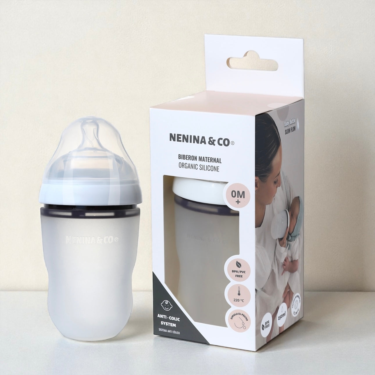 Pack Biberon Blanco flujo lento + Chupete Clásico Gris Nenina & Co