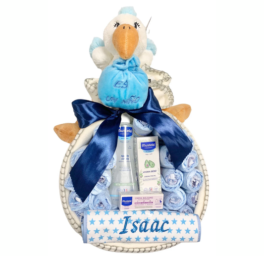 Big Cigüeña Azul | Canastilla Bebé Niño Premium con Mustela y Pañales