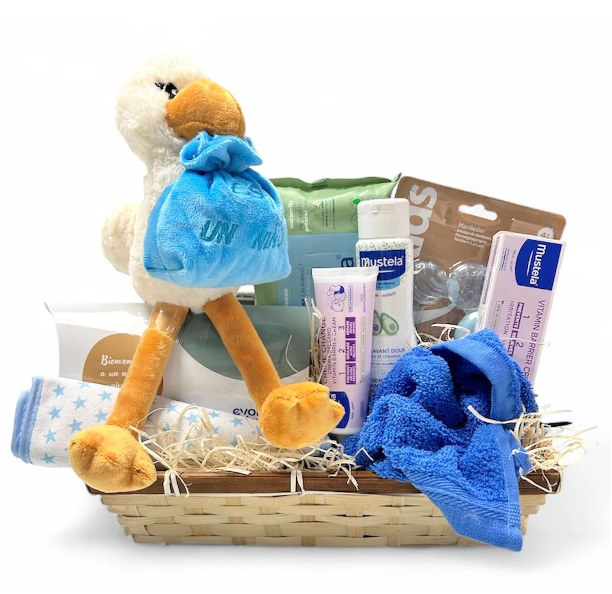 Cesta Baby Cigüeña Azul Evolucriando | Canastilla Bebé Niño con Mustela