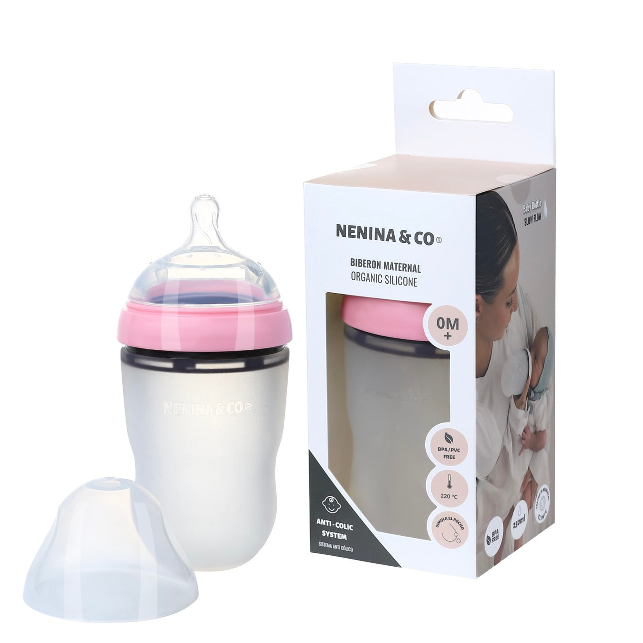 Pack Biberon flujo lento + Chupete Clásico + 2 Chupeteros de algodon orgánico Nenina & Co