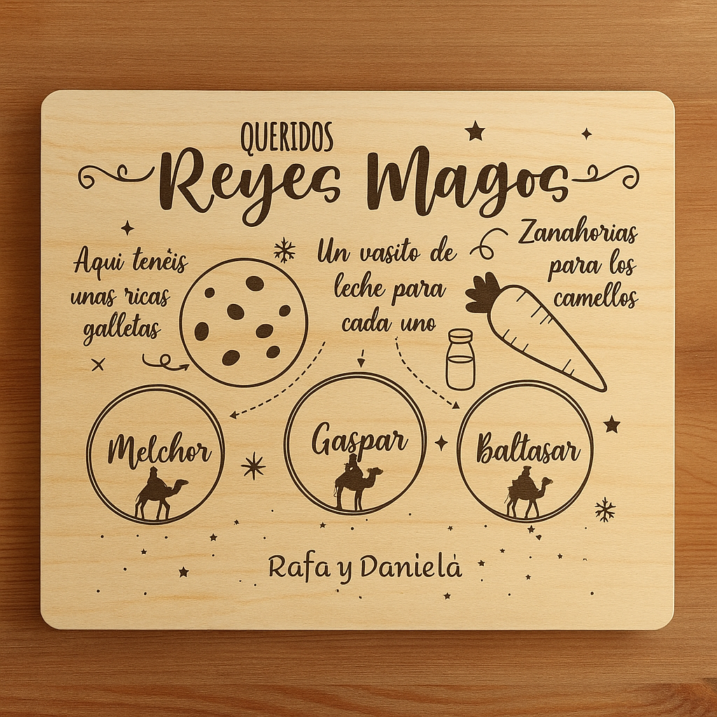 Bandeja personalizada para Reyes Magos en madera de pino | Deja leche, galletas y zanahorias con el nombre de tus hijos