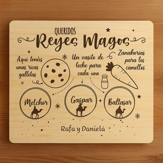Bandeja personalizada para Reyes Magos en madera de pino | Deja leche, galletas y zanahorias con el nombre de tus hijos